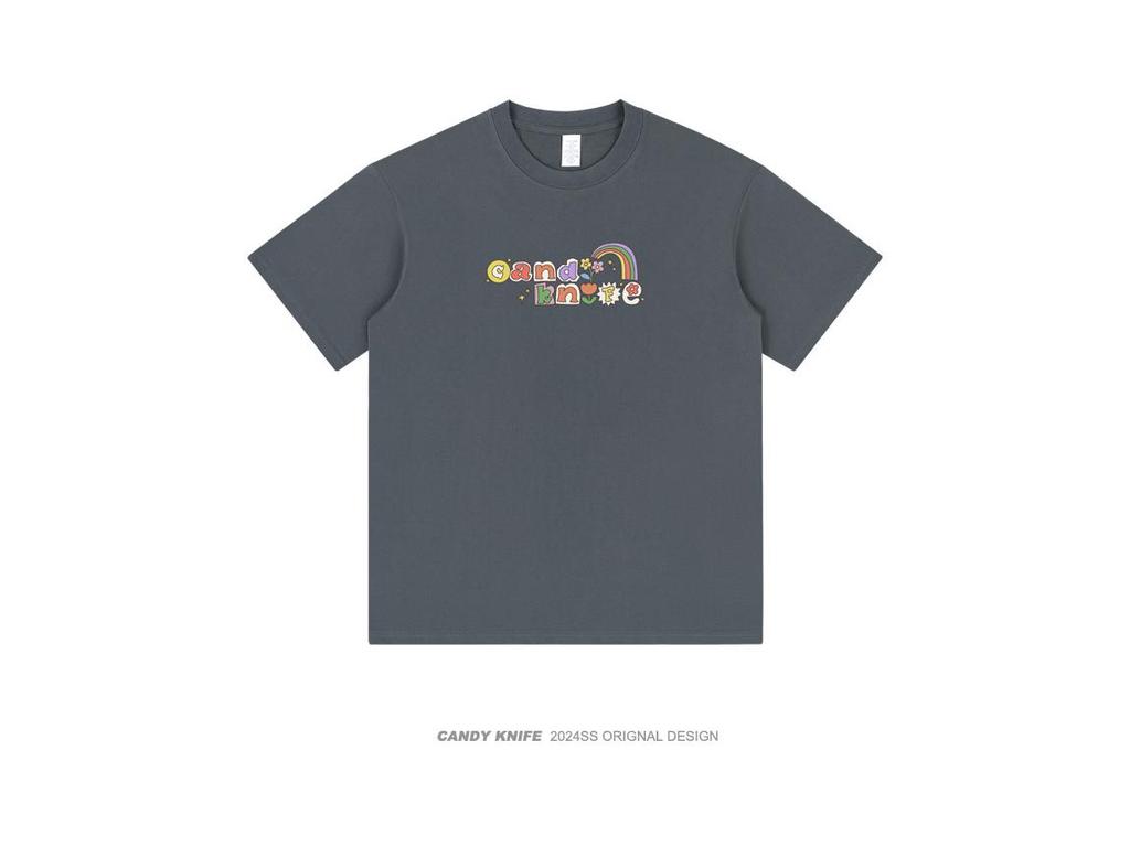 Tide Pure Cotton Unisex T-Shirt - Fun Letter Cartoon Print, Loose Fit, Unique Design