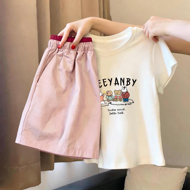 Girls' Cartoon Cotton T-Shirt & Shorts Set - Summer 2026 New Arrival for Ages 6-12