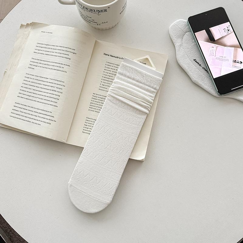 Girls  White Lace Ruffle Mid-Calf Mesh Socks - Spring/Summer Thin, Solid Color, Boneless Design One Size