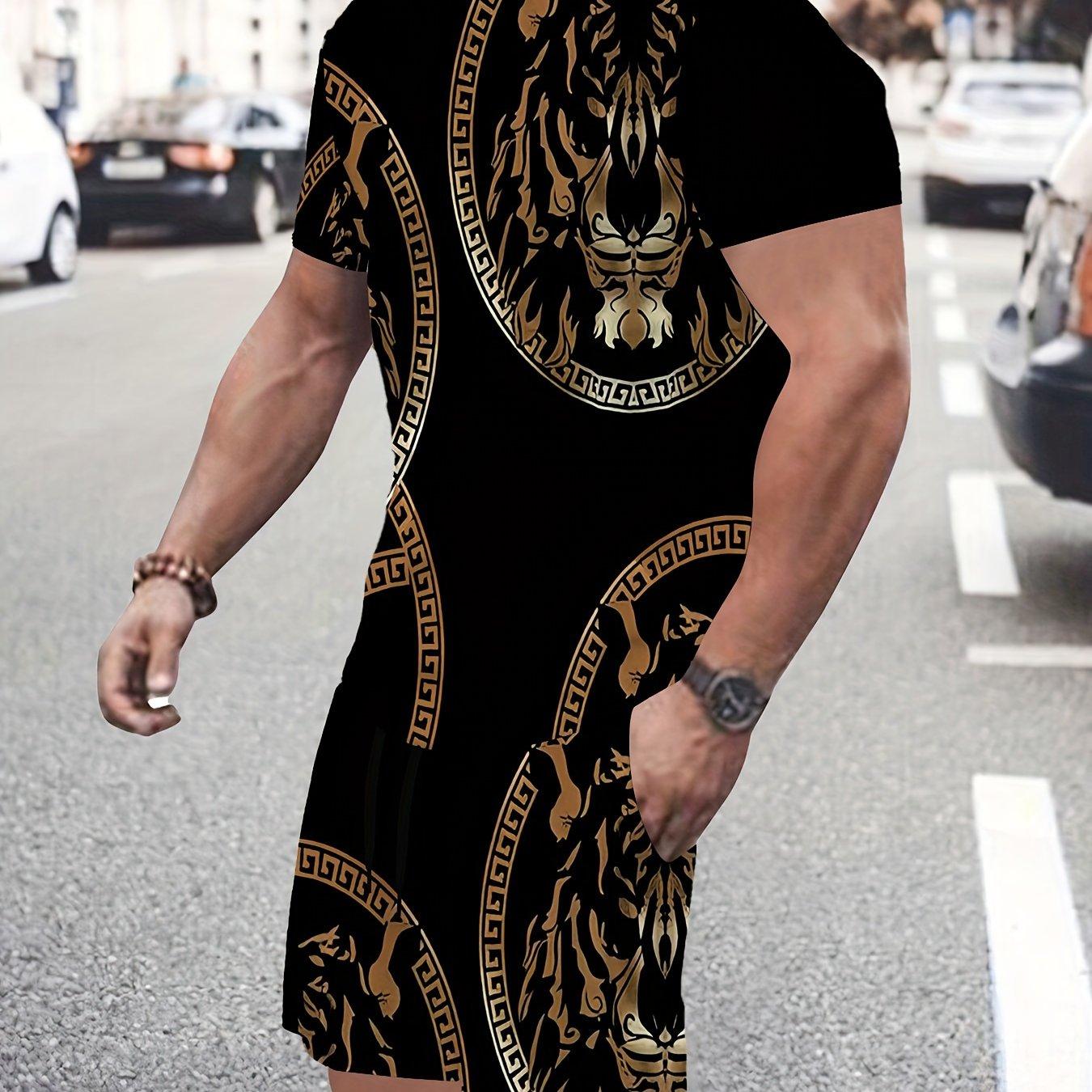 Men s Modern Streetwear 2-Piece Set: Short Sleeve Tee & Shorts. Unique Gold Frame Tiger Graphic for Club, Night Out & Casual Events S чёрный