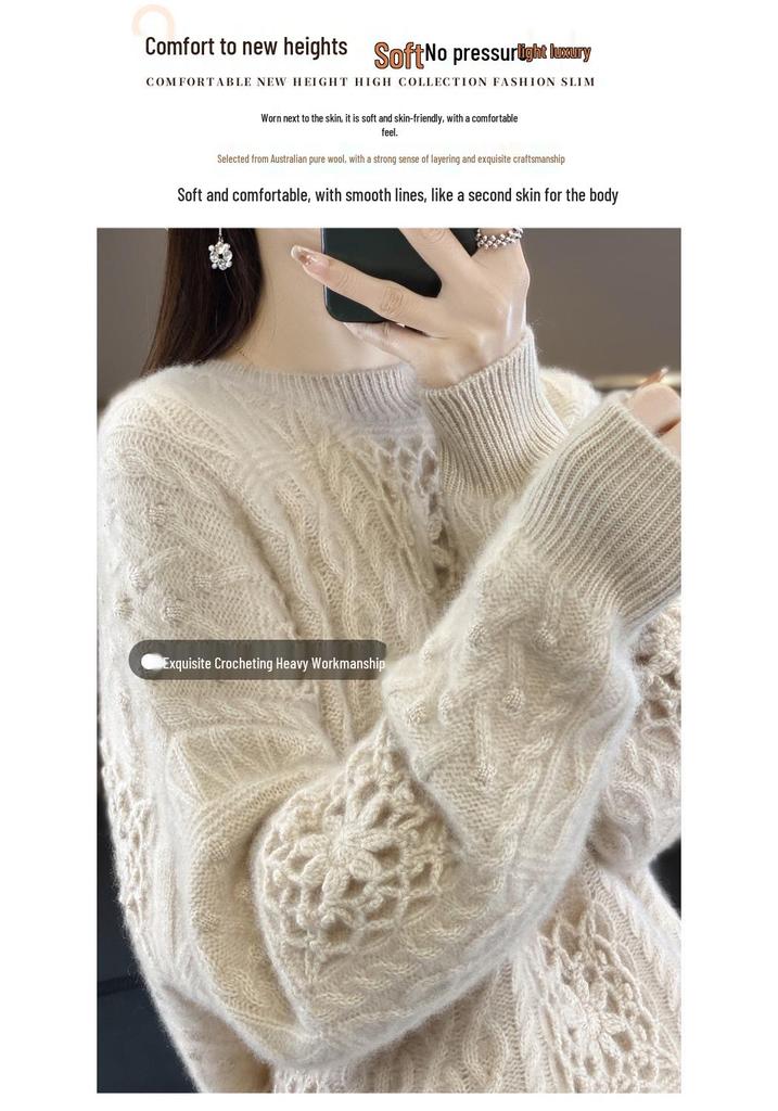 Women's Classic Round Neck 100% Pure Wool Knitted Sweater with Hollow Crochet Design Pullover.
