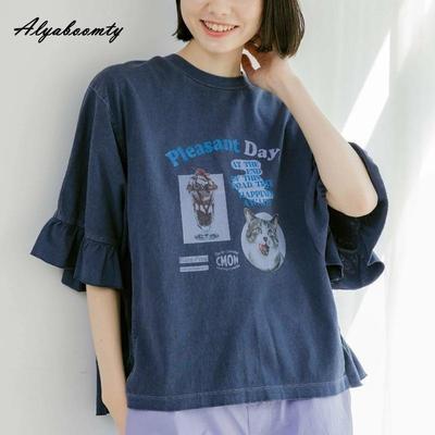 Koreansk Stil Storlek Sommar Dam T-shirt Kort O-ringning Tecknad Bokstavstryck Överdimensionerad T-shirt Utställd Ärm Rymlig Casual Lös Bomulls Topp