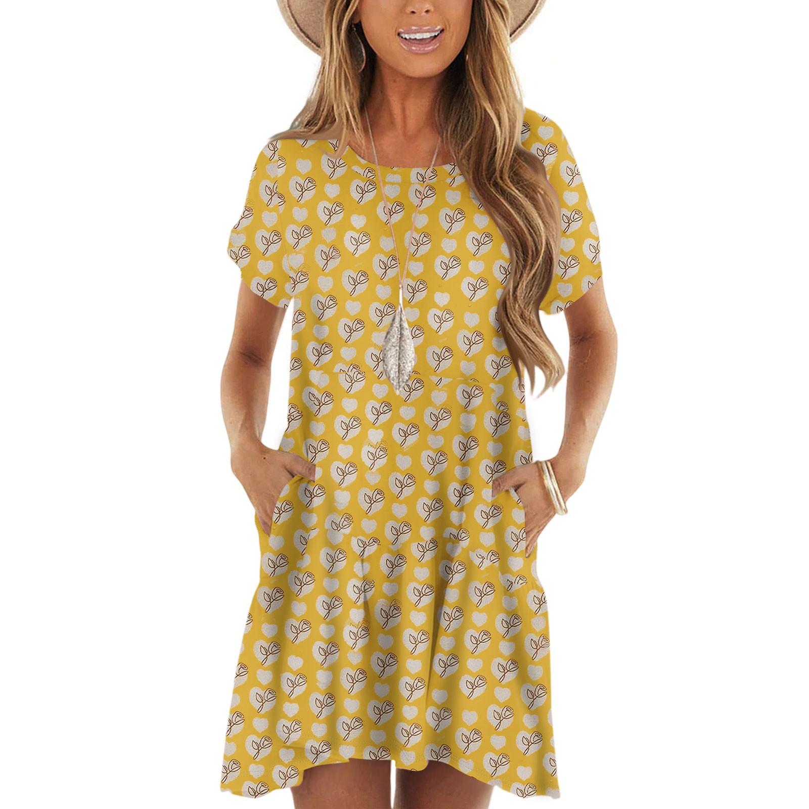 

Жіночі Модні Повсякденні Сукні з Круглим Вирізом, Коротким Рукавом, Воланами, Вінтажним Принтом M жовтий