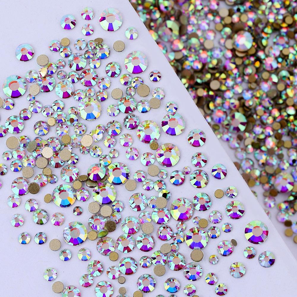 Pujiang Nail Art Strass Goldener Boden Gemischte Größe Flachboden Diamant Ungefähr 1440 Glas Aufkleber Diamanten Farbige Kleine Runde Diamanten