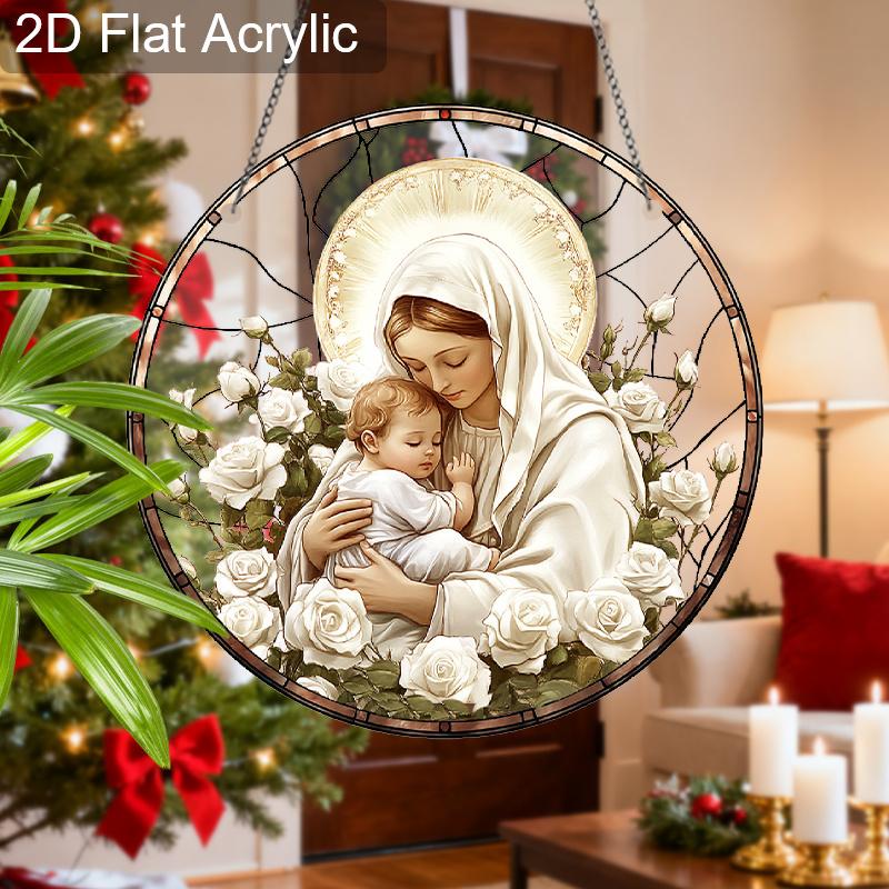 Acrylic Virgin Mary and Baby Jesus with Roses Suncatcher, Stained Glass Effect Window Hanging Ornament for Religious & Faith Lover Gifts