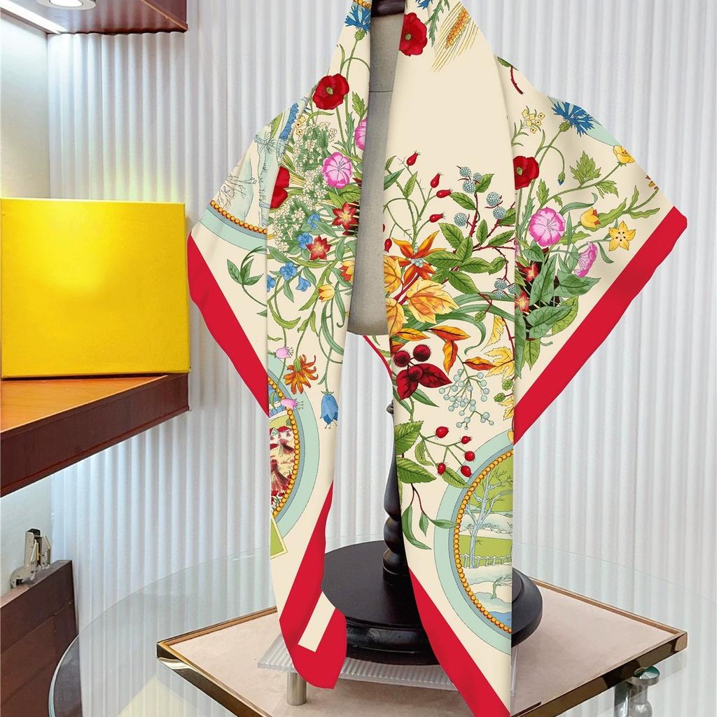 90cm Autumn High-quality Twill Silk Floral Scarfs Ladies Sun Protection Square Shawl and Scarf