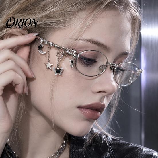 Personalized Styling Eyewear Aesthetic Oval Fake Glasses with Pendant, Anti-Blue Light Decorative Metal Fashion Eyewear, for Teen Girls Butterfly Star