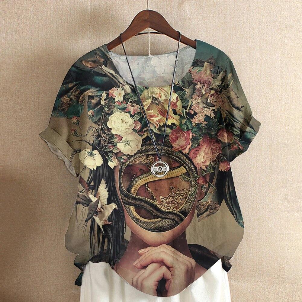 Kunst Ansikt Bluse Dame T-skjorte Mote Kortermet Tees Blomstertrykk Topper O-Hals Kule Jenter Klær Sommer Casual Genser