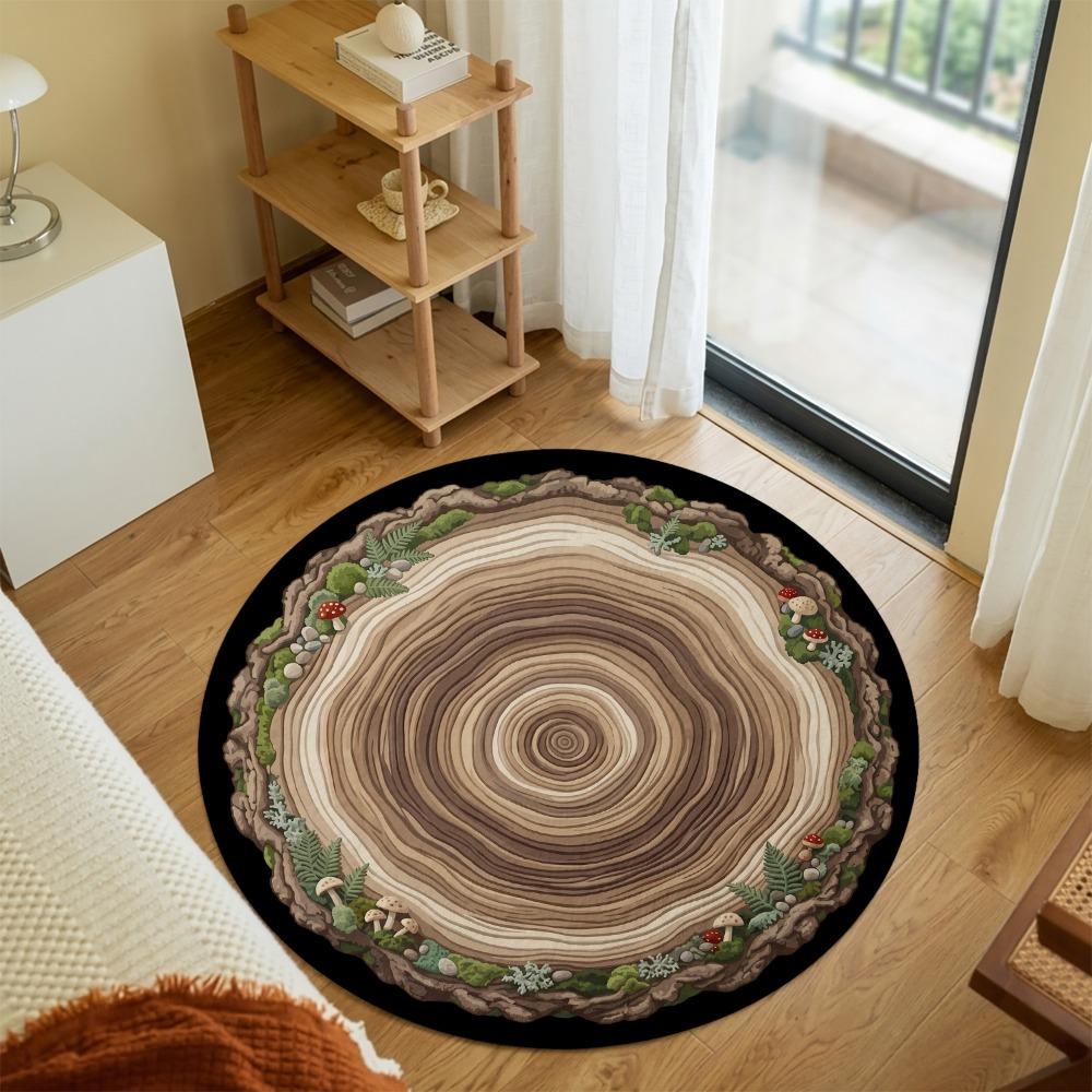 Tree Annual Ring Stump Slice Moss Mushroom Fern Botanical Bark Pattern Holiday Luxury Round Mat Area Rug Home Decor