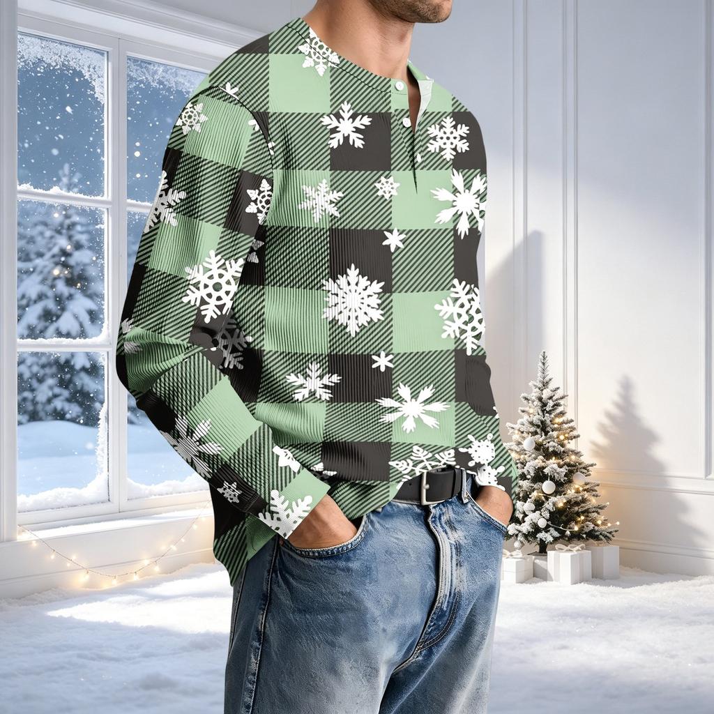 Men's Casual Neck Long Sleeve T-Shirt with Ribbed Texture Christmas Print