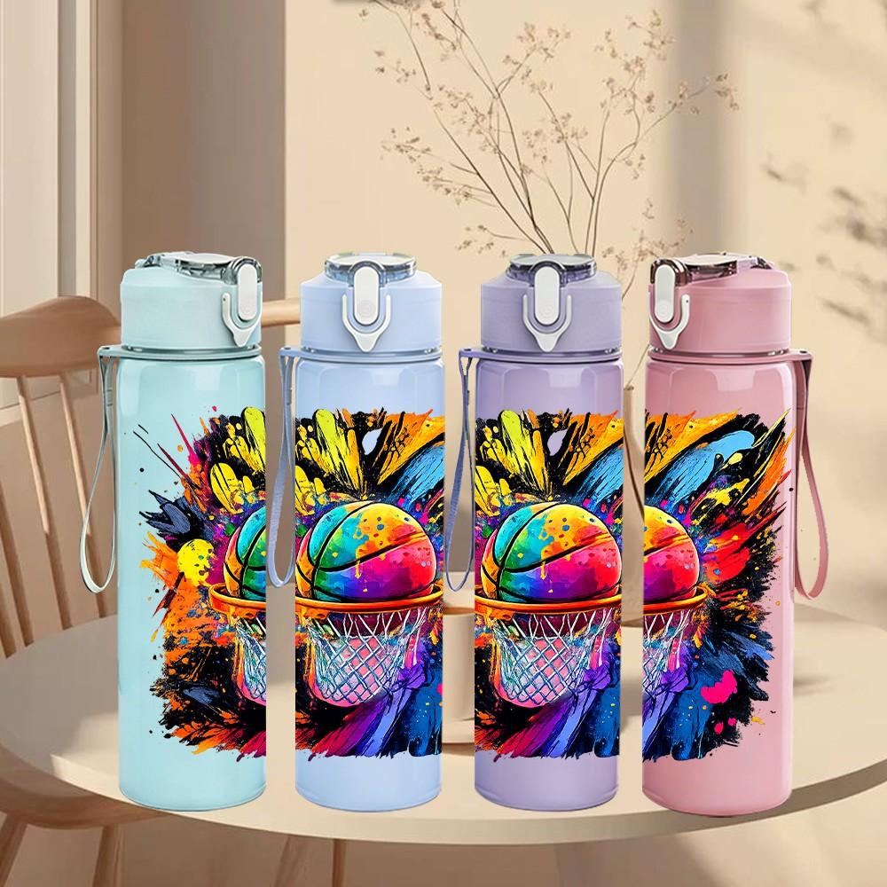1PC Color Splash Basketball Sport Print 750ml Color Plastic Sports Water Bottle Leakproof Flip Straw Lid Suitable for Sports Office Home Use