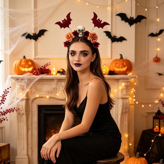 Decorative Cloth Headbands for Events Halloween Flower Skeleton Bat Headband, Gothic Floral Skull Hair Bands, Spooky Stylish Bands Accessory,