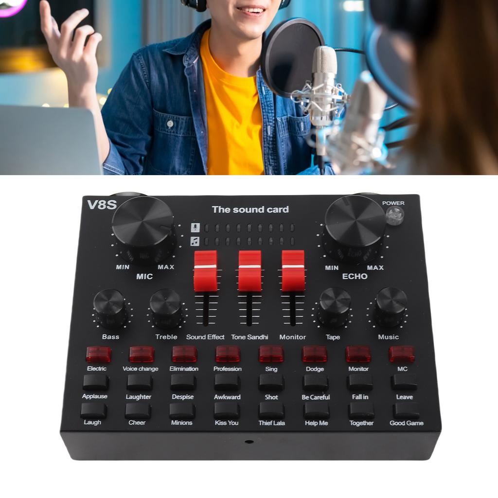 Live Sound Card 8 Modes Voice Changer Sound Mixer Board with 16 Sound Effects for Karaoke Live Streaming