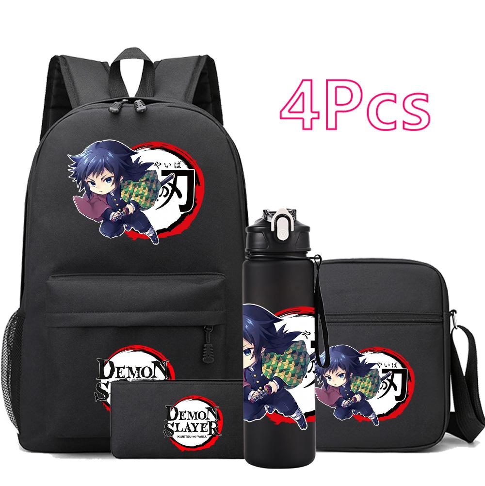 4 st/set Anime Demon Slayer Tryckt Ryggsäck Skolväska Axelväska Fodralväska med 750 ml Vattenflaska Pojke Flicka Stor Kapacitet Vattentät Skolväska
