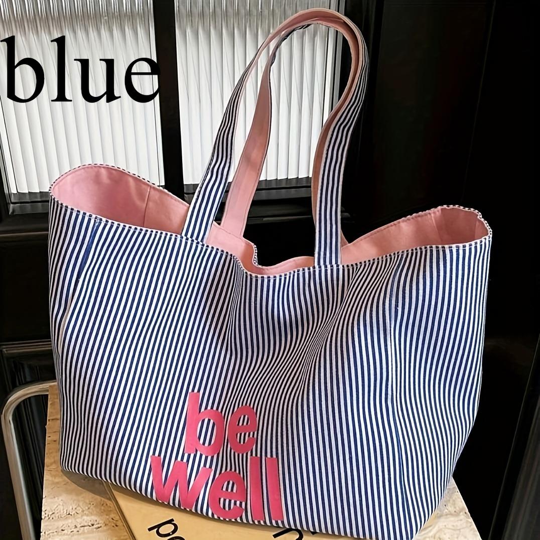 

Large Capacity Casual Tote Bag, Open Top Minimalist Stripe Shoulder Bag, Sturdy Work Travel Beach Carryall with Polyester Liner синій