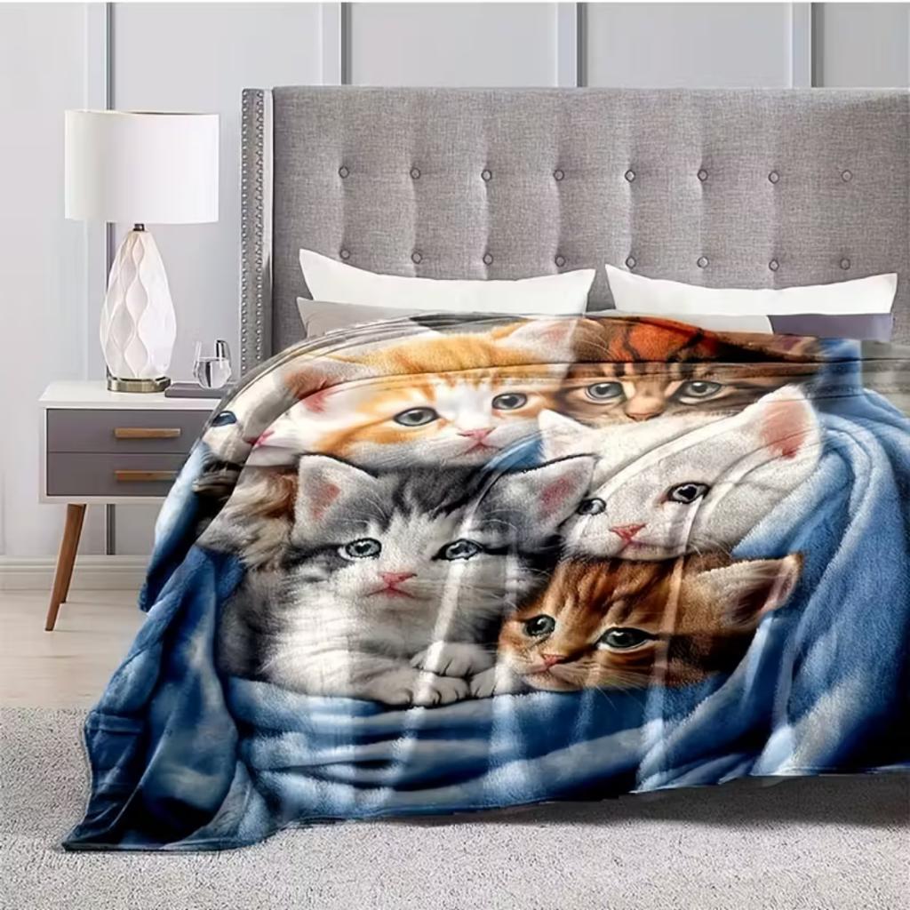 1pc Black Blanket Lovely Cat Printed for Home Living Room Bedroom Decoration New Year Christmas Gift Birthday Gift