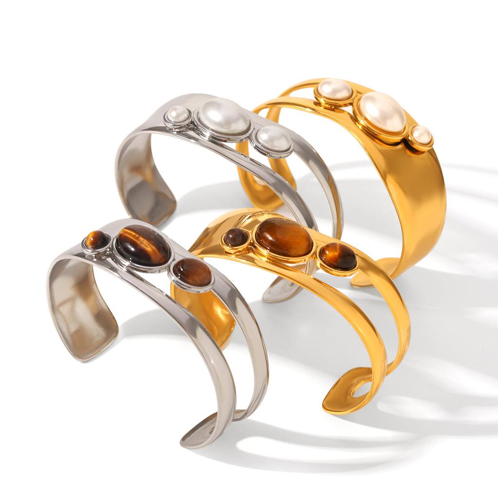 Hollow-out Stainless Steel Tiger Eye Open Bangle for Women, Pearl Bracelet, Titanium Steel Jewelry, Non-fading Accessory