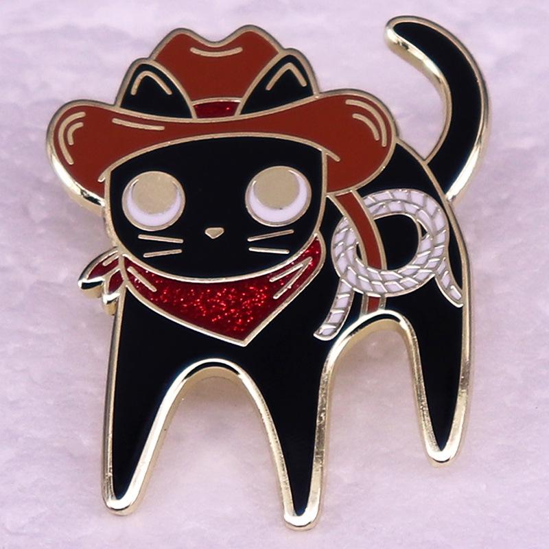 Western Cowboy Black Cat Brooch Badge