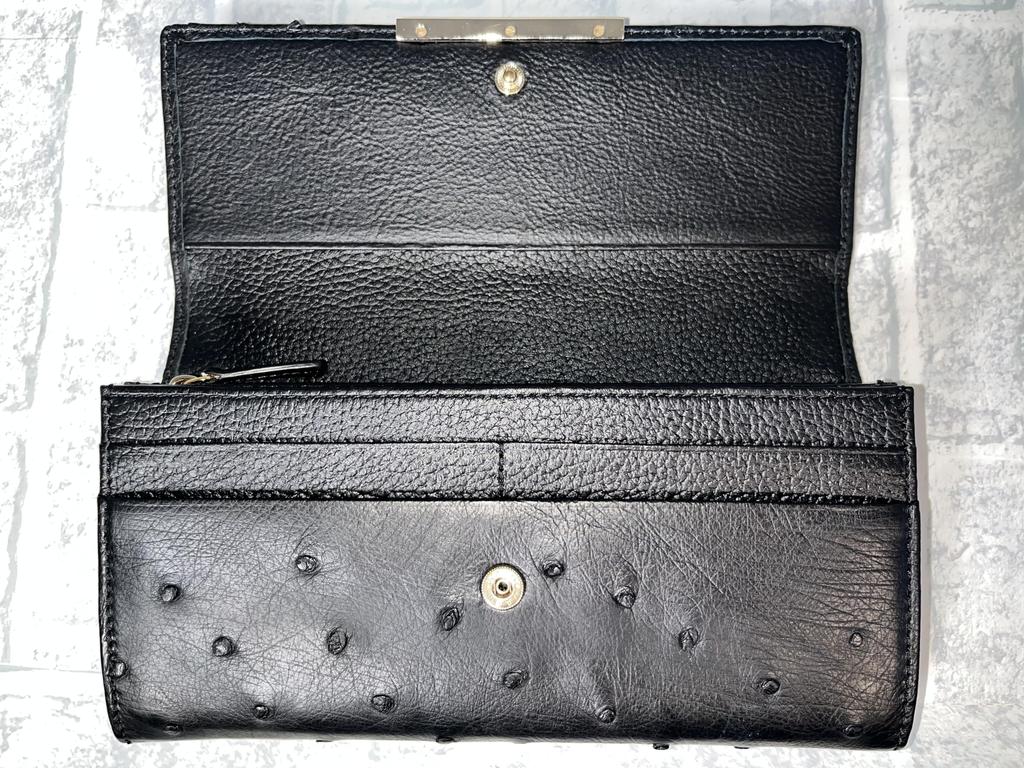 GUODI Long Wallet with Flap, Genuine Ostrich Leather with Card Holder, TK-RP30LW2, Unisex (Black)