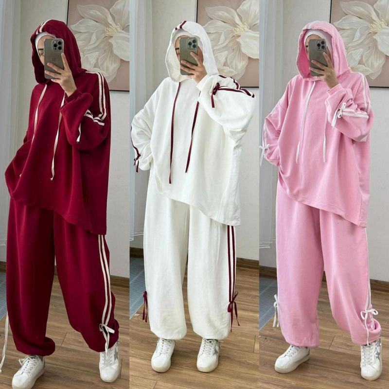 Women's Two Piece Outfit Hooded Sweatshirt Wide Leg Pants Set Casual Loose Tracksuit Muslim Modest Wear