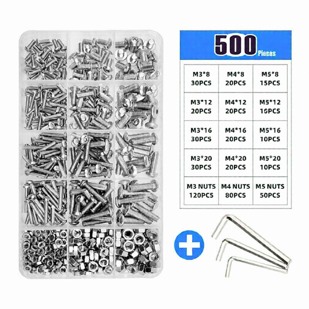 Stainless Steel Hex Socket Screws Kit 500 Pieces M3/M4/M5 with Nuts and Washers for Reliable Fastening In a Variety of Projects