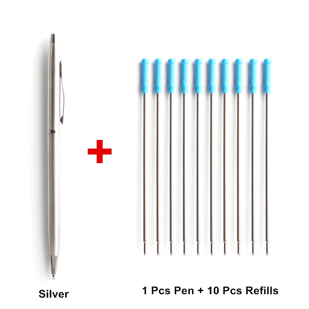

1+10 Pcs/Set Metal Ballpoint Pen With Refills For School Office Stainless Steel Material Ball Pen Black Refill Ink 11Pcs SilverGold Set