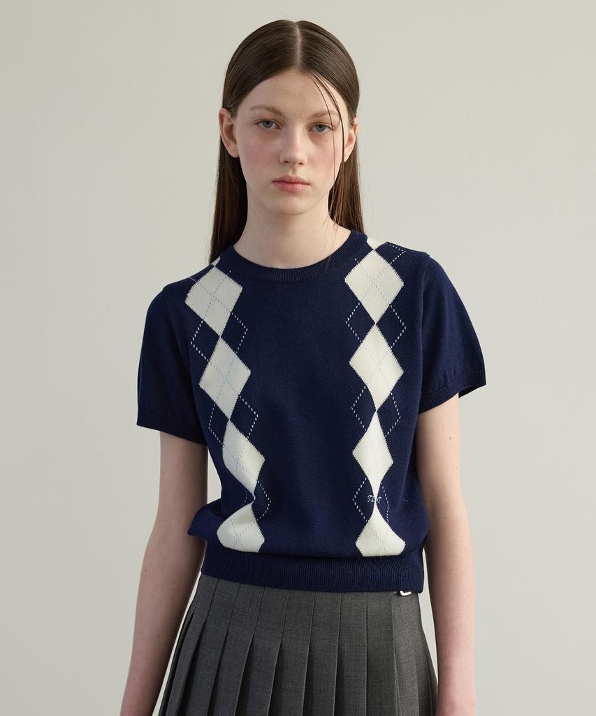 TTUDEMENT Argyle Half Knit Pullover Navy