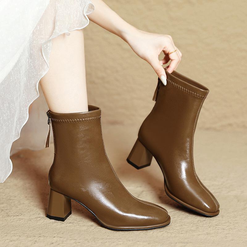 High-heeled short boots women's 2025 new autumn and winter mid-tube fashion boots square head thick heel thin boots brown French short boots