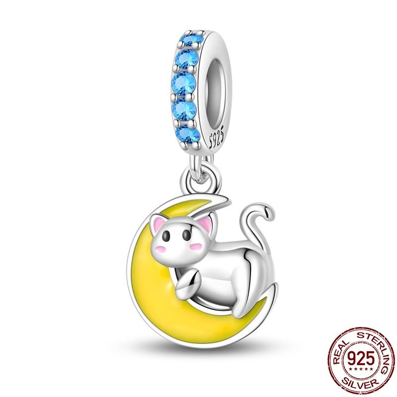 Copper Creative Small Animal Moon Cat Pendant Fit Pan Bracelet Diy Charm For Women Jewelry Fashion Gift