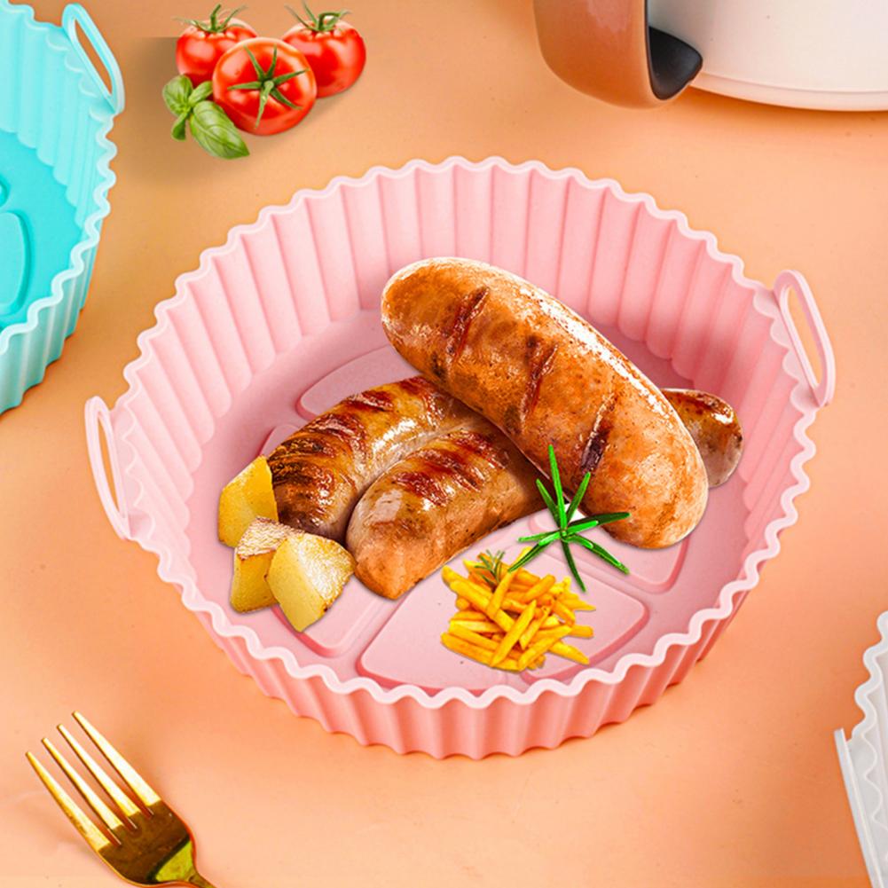 Reusable Fryer Basket 8-inch Round Silicone Fryer Liner with Dual Handles Non-stick Heat Resistant Baking Tray Reusable