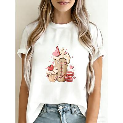 White T Shirt With Cupcake And Milkshake Print For Casual Wear