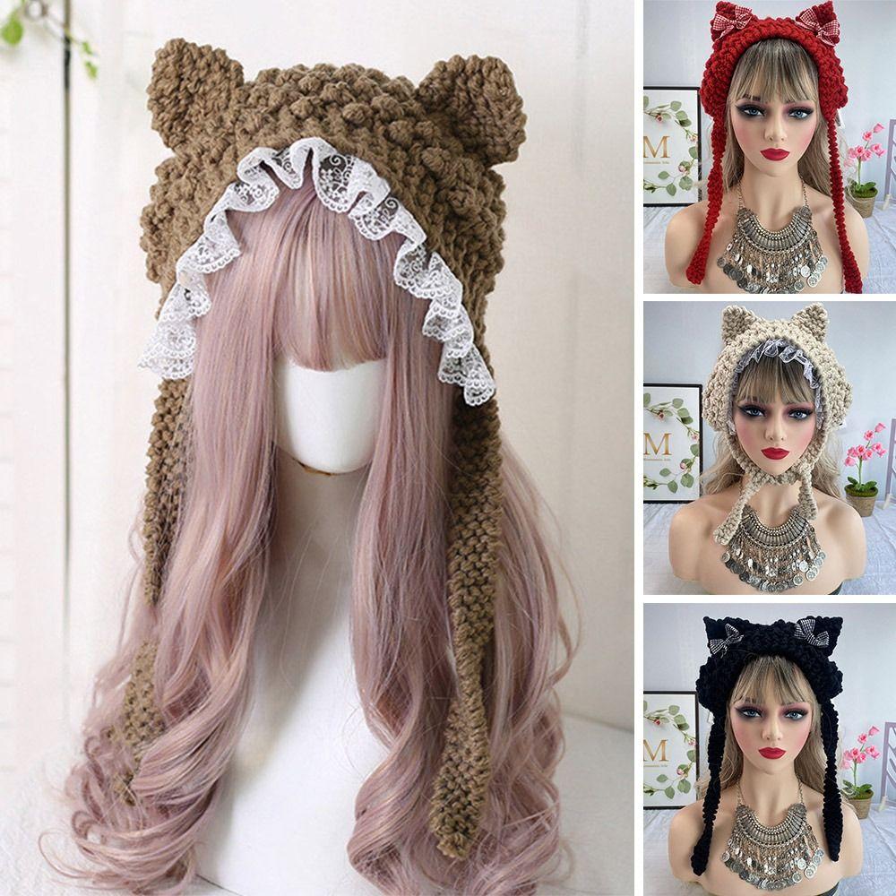 Fashion Cartoon Knitted Cat Ear Hat Ear Protection Casual Crochet Wool Hat Cute With Bow Photo Props Cap Outdoor