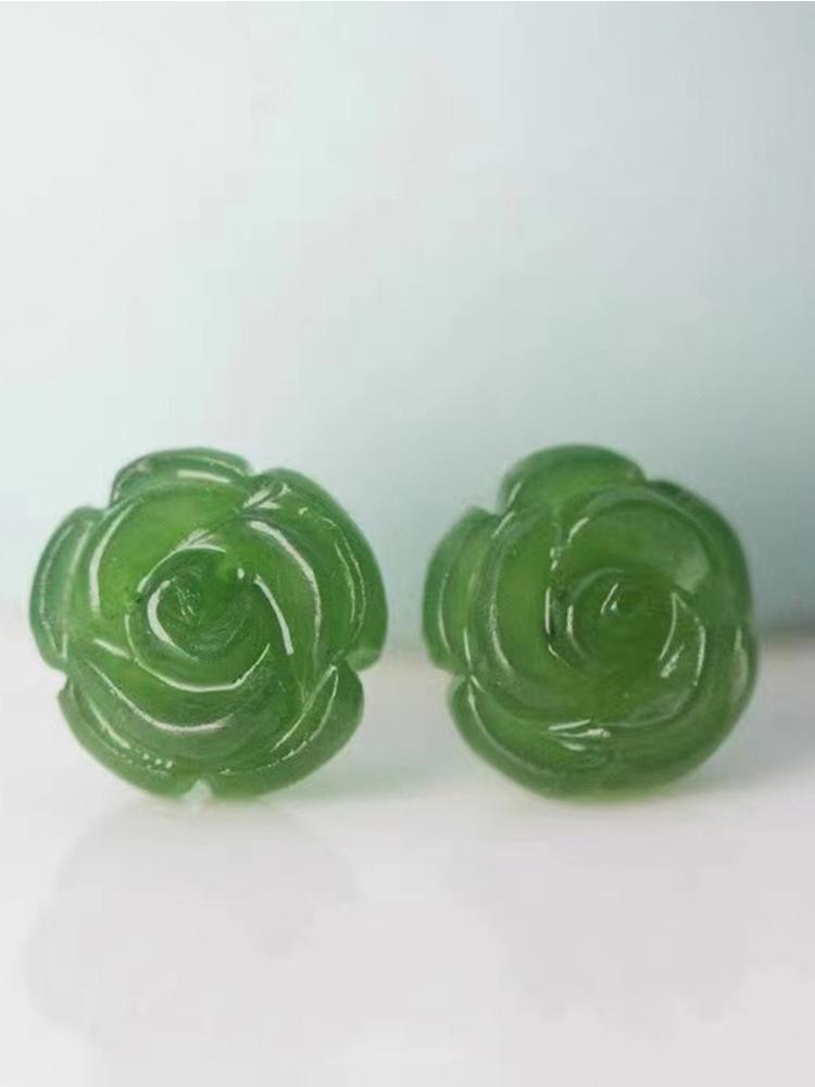 PANJBJ 925 Silver Rose Hotan Jade Earring for Women Girl Ethnic Versatile Temperament Jewelry Gift
