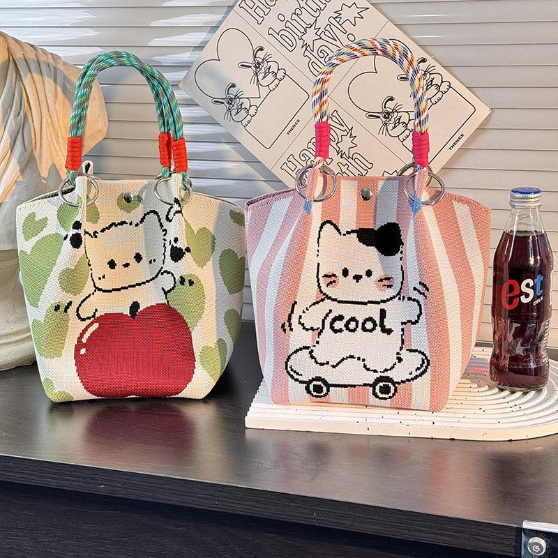 Cute Cartoon Knitted Bucket Bag For Women Girls  Versatile Large Capacity Portable Handbag Tote Small Square Bag Gift