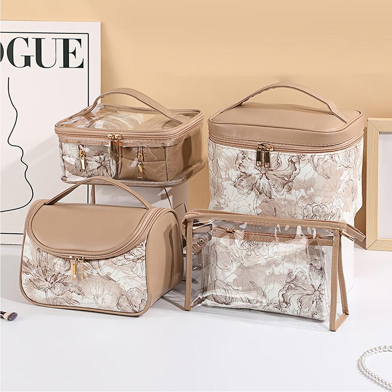 Elegant Portable Makeup Bag Lace Floral Pattern Cosmetic Storage Bag With Handle Large Capacity Travel Toiletry Pouch For Women