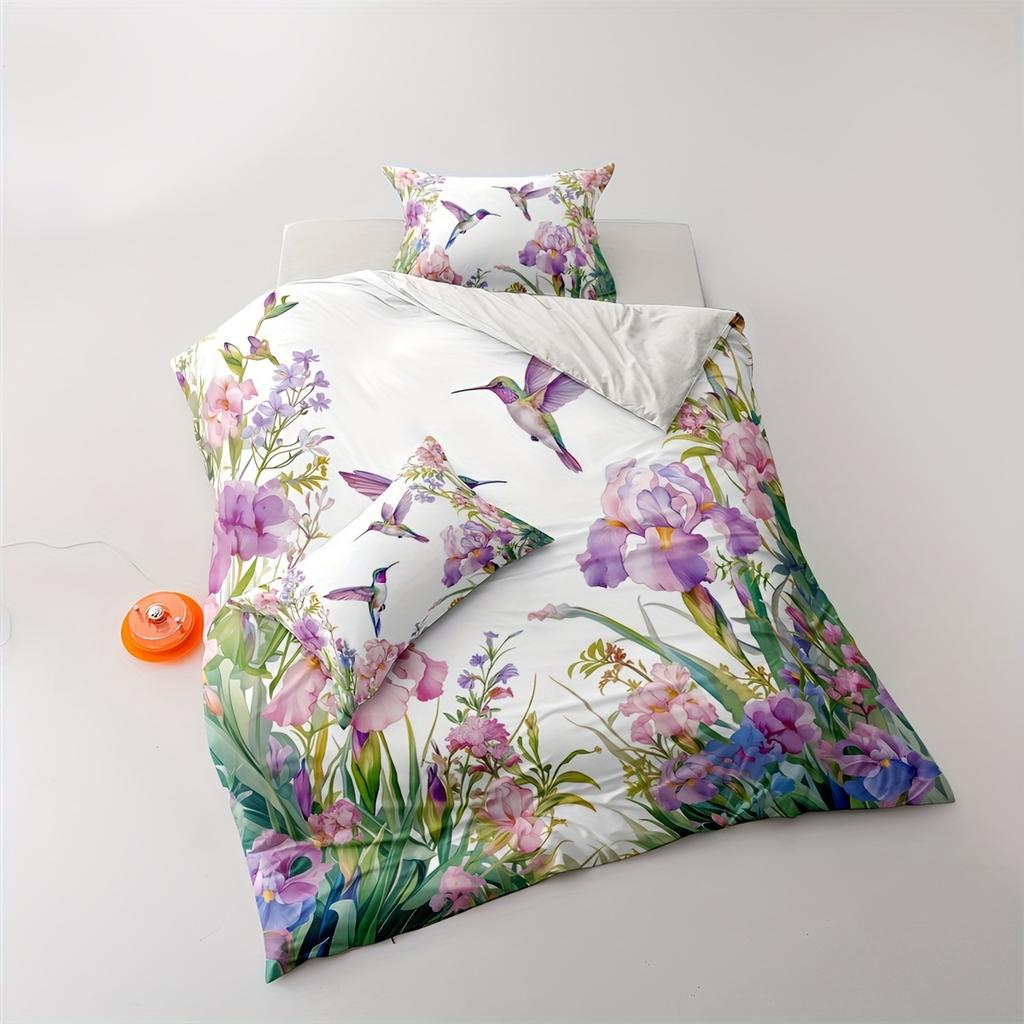 2/3pcs Hummingbird Bedding Set Animal Duvet Set Kingfisher Quilt Cover Bedroom Decor Guest Room 2D Pink Floral Flat Print