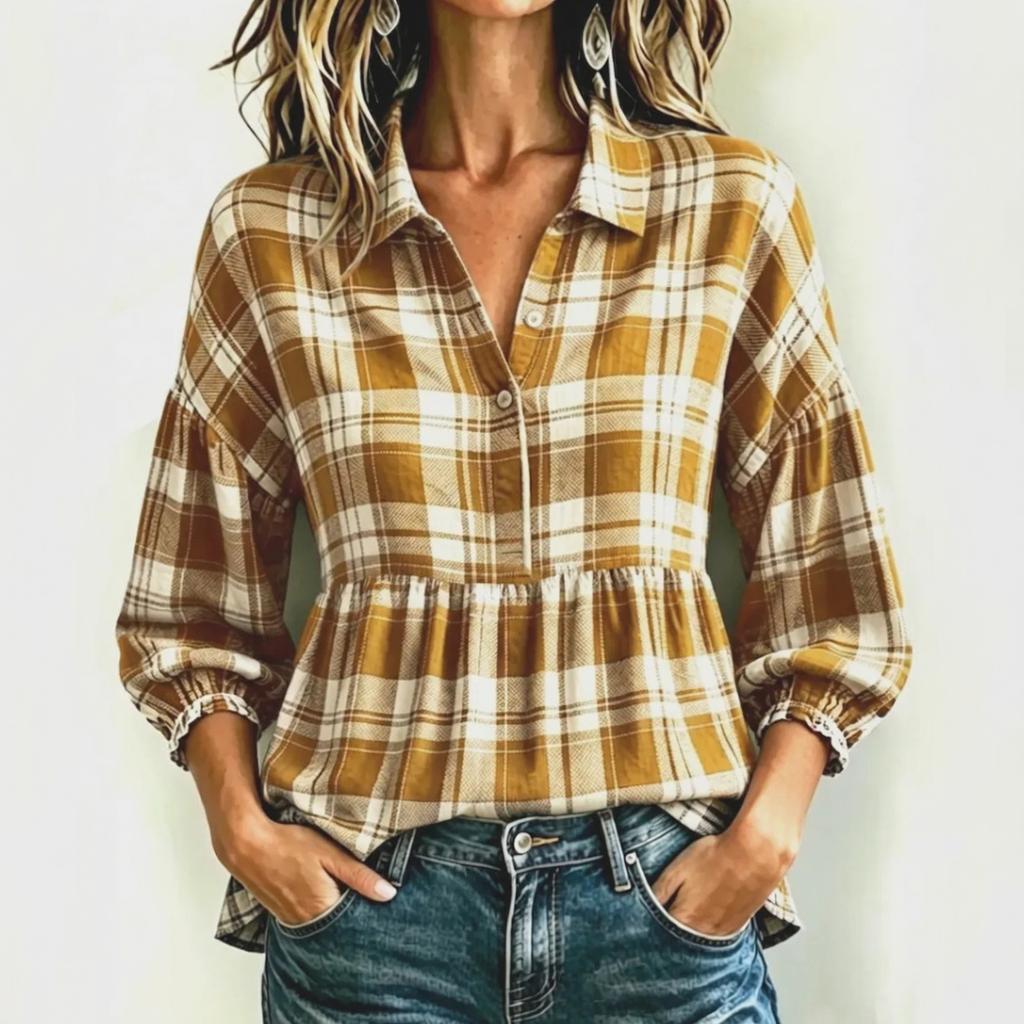 Women's Vintage Plaid Button Down Shirt Loose Fit Casual Blouse
