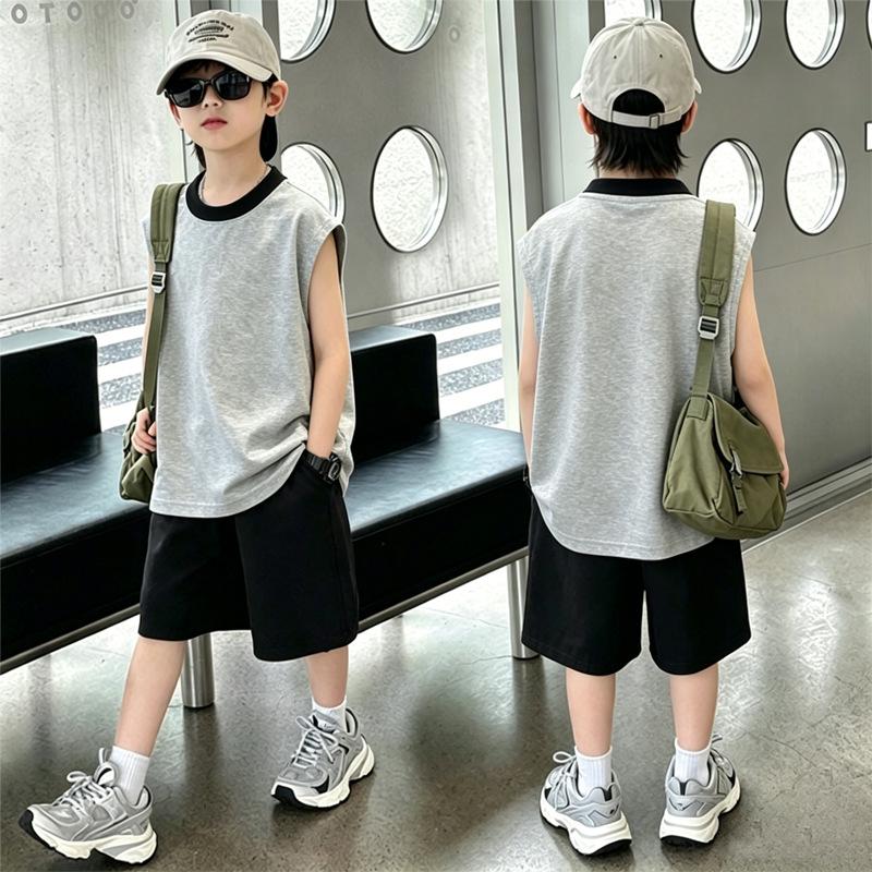 Handsome Boys' Cotton Color Block Vest & Shorts Set - Summer Sleeveless T-shirt 2-Piece for Kids