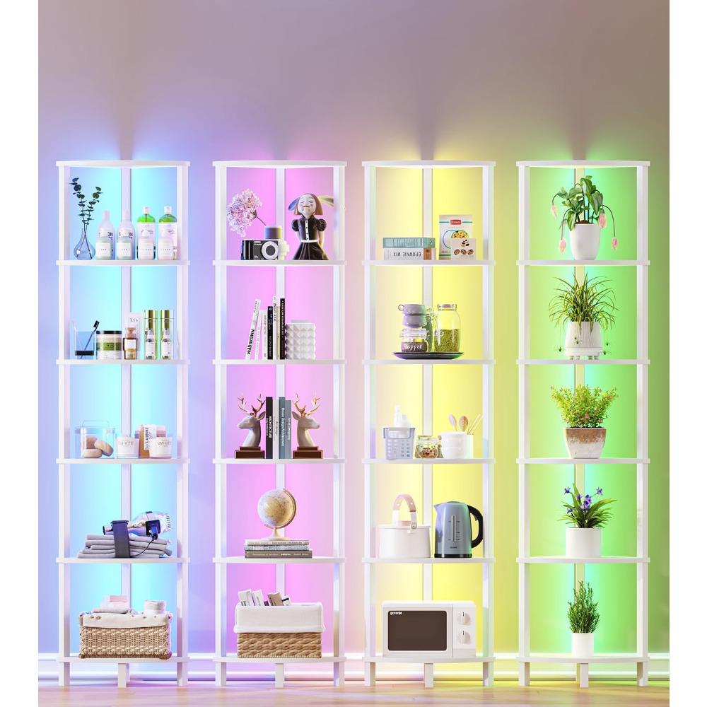 Corners Shelf with LED Light, 6-Tier Corner Bookshelf, Industrial Corner-Ladder Shelf, Modern Display Shelf for Living Room