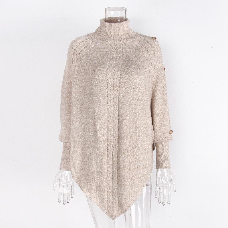 European & American High Neck Button Cable Knit Batwing Sweater for Women - Autumn/Winter Fashion