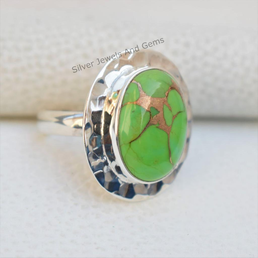 Hammered 925 Sterling Silver Green Turquoise Ring, Oval Copper Turquoise Hammered Ring