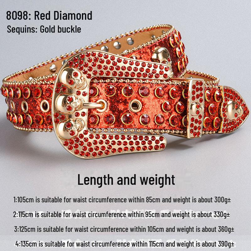 

Высококачественный ремень с пряжкой в виде темного черепа, стразами и бриллиантовыми пайетками 105cm