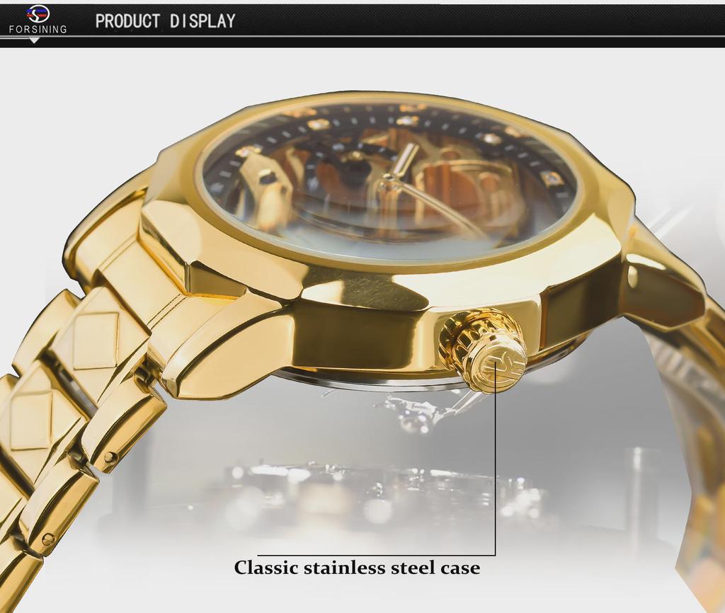 Automatikuhr für Herren, wasserdicht, luxuriöse, goldene Skelett-Armbanduhr aus Edelstahl, Herrenuhren