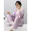Modal Pajamas Women's Spring and Autumn New Long-sleeved Trousers Slanted Shoulders Sexy Lace Loungewear Suit with Chest Pads