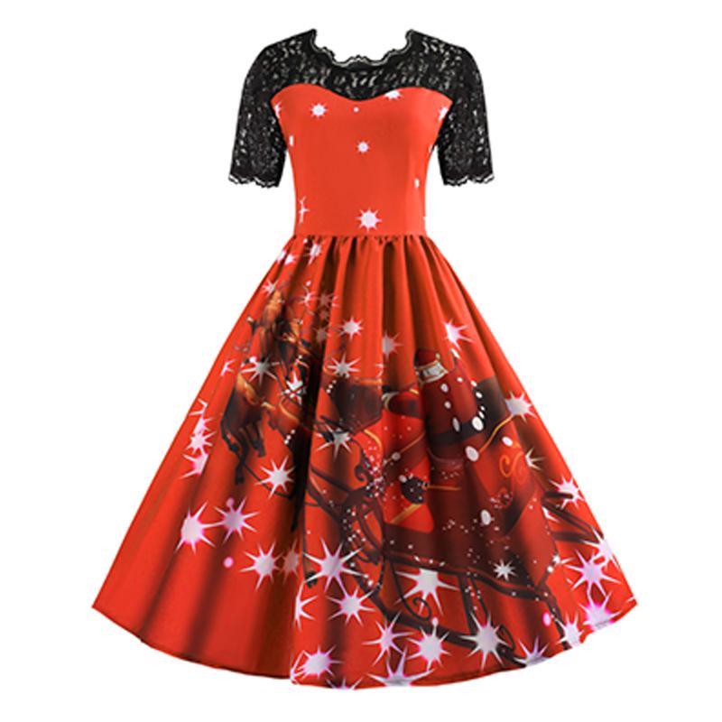 Buy Christmas Dresses Women Short Sleeve Swing Vestidos Lace Patchwork Xmas  Deer Pritned Party Gown at affordable prices  free shipping, real reviews  with photos  Joom