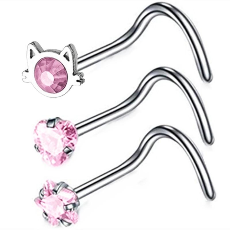 3PCS Pink Crystal Bend Nose Piercing Stud Set Spider Nose Ring Bulk Twist Butterfly Nose Rings And Studs Pack Piercing Nariz Lot