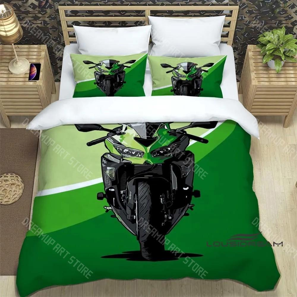 Set Biancheria da Letto Stampa Retro 3D Logo Moto K-Kawasaki Set Biancheria da Letto Elegante Copripiumino Coperta Trapuntata Letto Regalo di Compleanno di Lusso