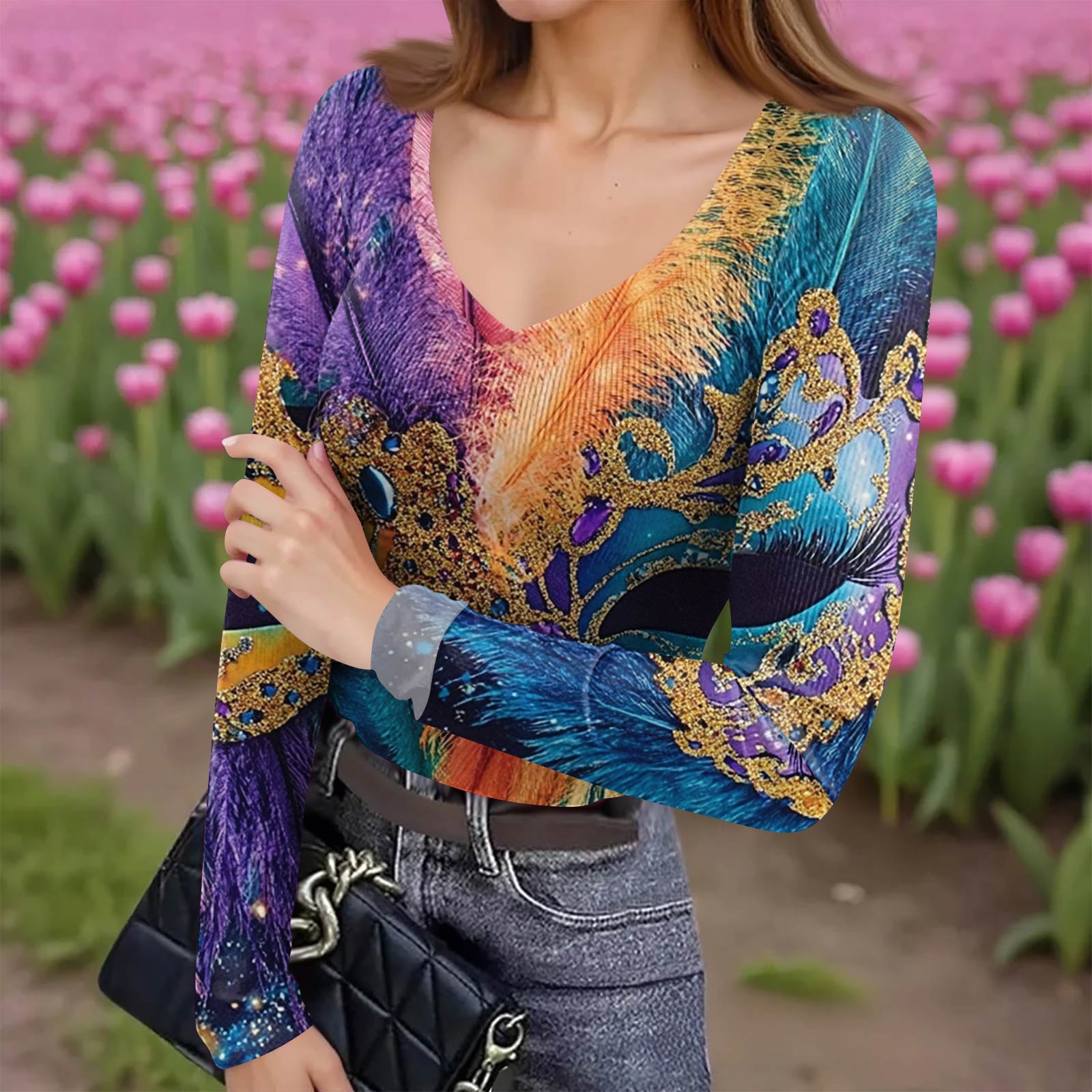 

Женская зимняя приталенная футболка-базовый слой, модный принт, V-образный вырез, пуловер, топ с длинным рукавом S