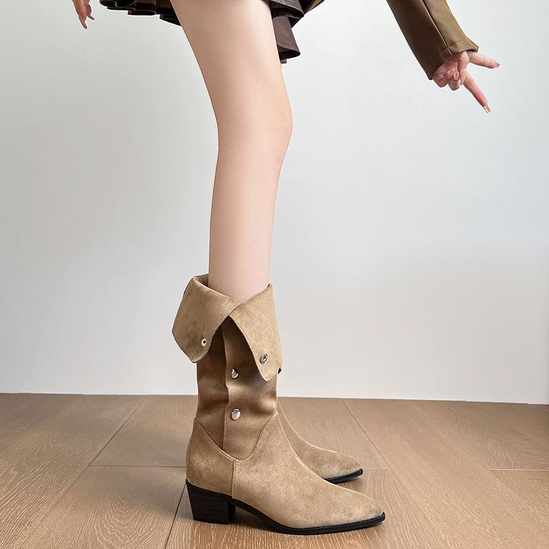 2025 Autumn New Women's Fashion Boots Suede Retro Mid Tube High Fashion Boots Women's Thick Heel Winter