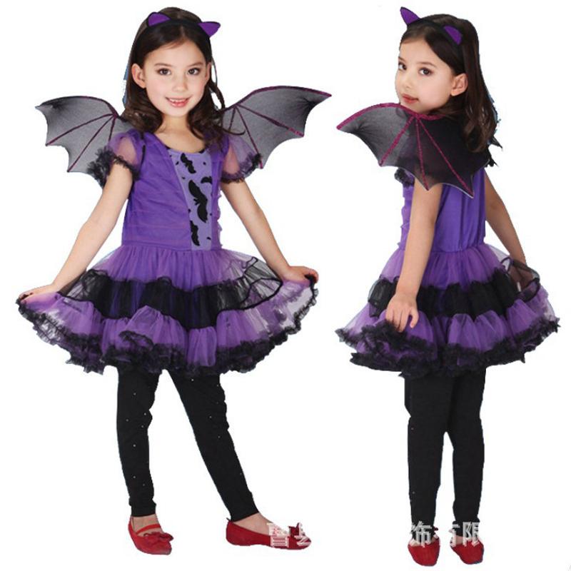 Non-Toxic Children Purple Bat Dress Kids Cosplay Vampire Demon Costume With Wing Headwear Halloween Carnivat Witch Role Play Clothes